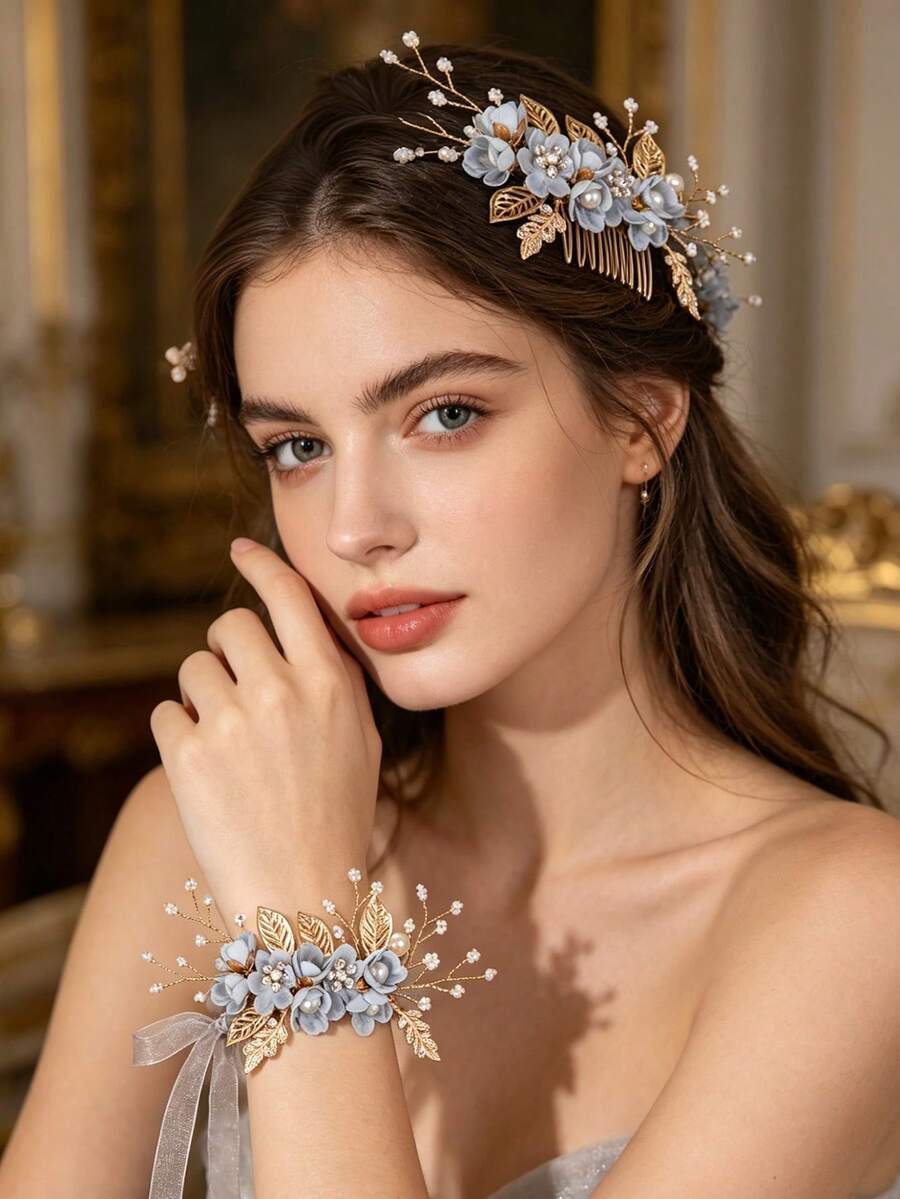 2件組 重磅扭珠合金葉片新娘婚季髮飾髮梳,附重磅扭珠珍珠合金葉花手鍊,晚禮服宴會髮飾髮梳手鍊套組 - 63462 - 查看 1