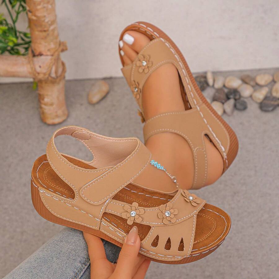 Country Style 3D Floral Wedge Sandals, Hook & Loop Back Strap Soft Sole Comfortable Commuter Mom Sandals - Mocha Brown - View 1