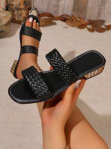 休閒青少年時尚拖鞋，編織雙寬帶露趾金屬壓紋低粗跟一腳蹬涼鞋，簡約舒適，適合海灘、度假、海邊、日常穿著、居家、校園 - 黑色 - 查看 7