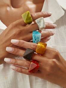6pcs/Set Colorful Versatile Personalized Fashion Geometric Minimalist Wide Exaggerated Resin Rings Set For Women Daily Wear Holiday Party Jewelry - Multicolor - View 10
