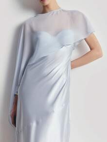 Women Chiffon Shawl Cape Mesh Sheer Poncho Top Capelets For Evening Dress Shawl Wraps Cover Up Wedding Party - 淺藍色 - 查看 4