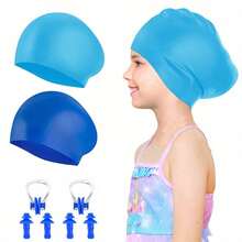 Gorro de natación (2 piezas), Gorro de natación unisex para cabello largo--Gorro de natación de silicona, Adecuado para cabello largo, Adecuado para niños y adolescentes de 5-15 años, Gorro de natación impermeable y duradero, Gorro de baño impermeable con protección para los oídos, Mantiene el cabello seco - Multicolor - Ver 14