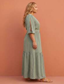 FASHION MIX PREMIUM Elegant Long Dress With Slit And Ruffle On The Hem 3/4 Puff Sleeves With V-Neckline And Tie At The Waist Women's Plus Size - 淡綠色 - 查看 4