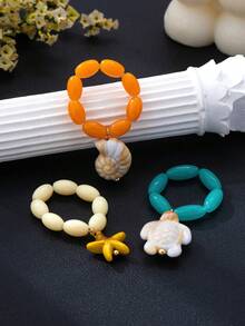 Juego de 3 piezas/Set de anillos elásticos con cuentas estilo océano para vacaciones en la playa, anillos de dedo con cuentas redondas de resina de colores con tortuga, estrella de mar y caracola, accesorios para fotos de playa - Multicolor - Ver 3