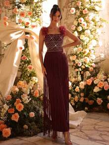 Modphy Gaun Pesta/Pernikahan Musim Gugur Model Baru Seksi dengan Bahu Terbuka, Dekorasi Rhinestone, Motif Bunga 3D Buatan Tangan, Gaun Panjang Pas Badan, Model Bandage - Rose Red - View 1
