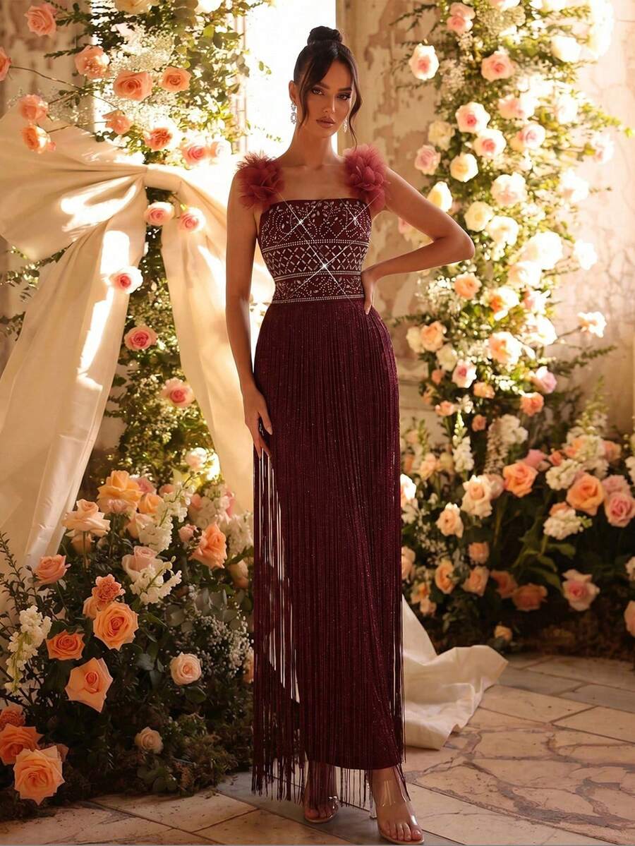 Modphy Gaun Pesta/Pernikahan Musim Gugur Model Baru Seksi dengan Bahu Terbuka, Dekorasi Rhinestone, Motif Bunga 3D Buatan Tangan, Gaun Panjang Pas Badan, Model Bandage - Rose Red - View 1