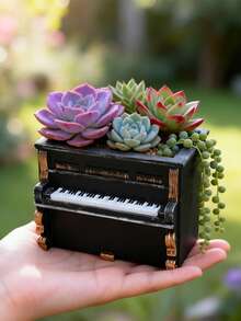 1PC Vintage Piano Shaped Succulent Planter Creative Resin Desktop Micro Landscape Potted Plant Balcony Windowsill Greenery Decoration Artistic Girl Desktop Ornament Birthday Gift - Piano Flower Pot - View 5