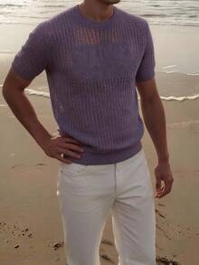 MEN'S ROUND NECK SHORT-SLEEVED KNITTED SWEATER - Dusty Purple - View 3