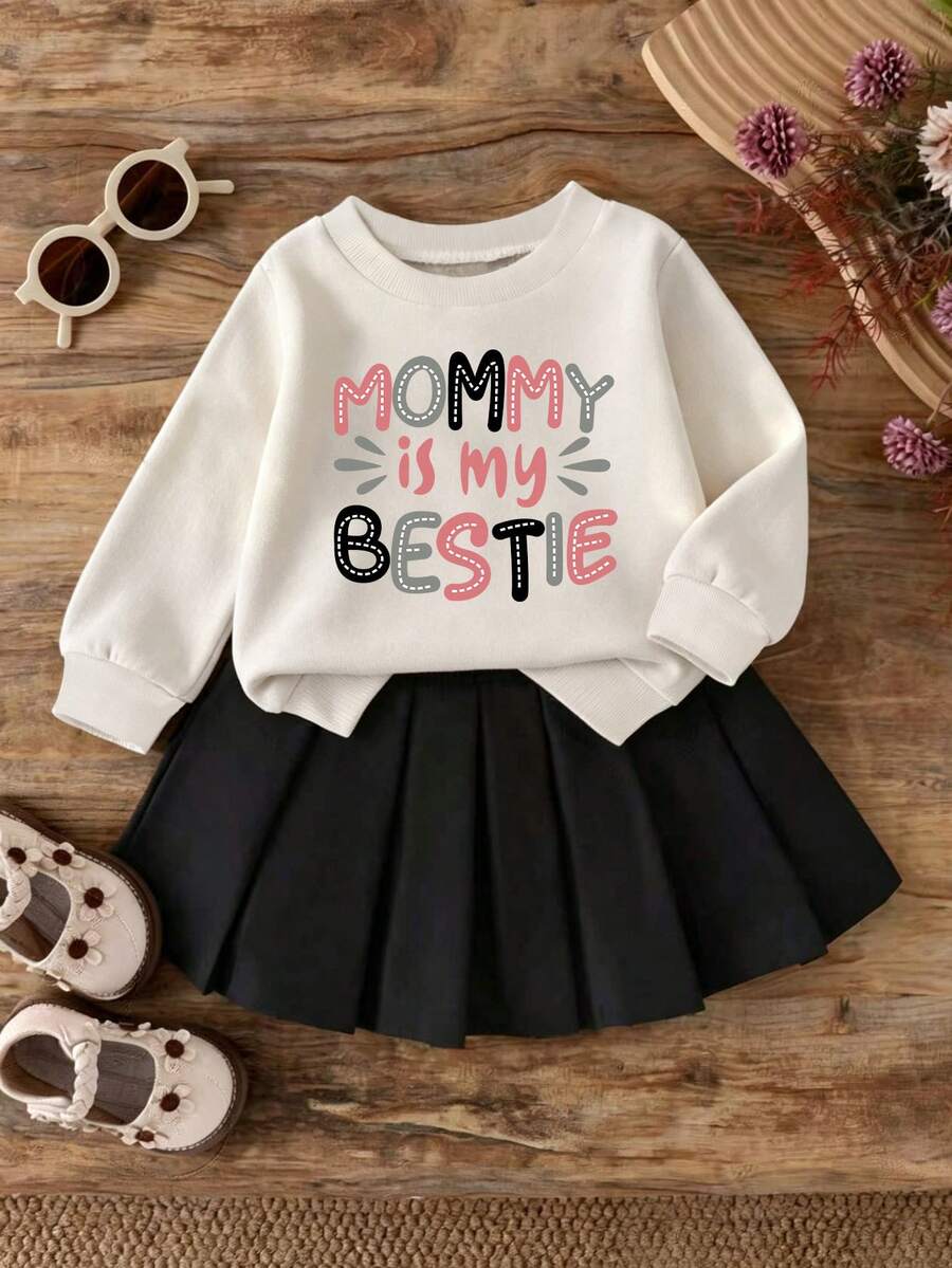 Baby Girl Cartoon Pattern Round Neck Long Sleeve Top And Skirt - White - View 1