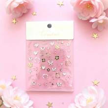 1pc Sweet Cool Y2K Style Gold/Silver Laser Engraved Butterfly Heart Moon Bow Clock Lens Sticker, Blending Star Sparkle, Flower And Asymmetric Border Elements, DIY Phone Lens Film - A - View 9