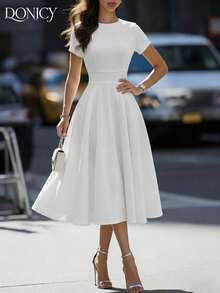 DONICY Women's White Textured Belted Midi Dress Spring Summer Fashion Elegant Wedding Guest Date Going Out Daily Casual Party Outfit - White - View 6