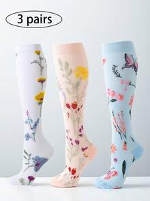 3 Pairs Floral Pattern Compression Socks For Women, Graduated Support Socks For Nurses Running Sports - Blue - View 8