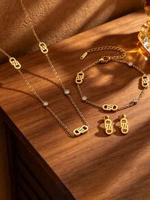 Luxury Hollow A Letter Rhinestone Jewelry 3 Pieces Set, European And American Commuter Style, Versatile And Timeless, Layered Look For Single Or Stacked Wear, Flattering And Elegant, Suitable For Self-Use Or Gift, Hot-Selling Influencer-Style Complete Accessory Set - Gold - View 7