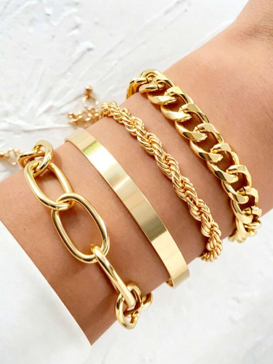 YUNCHUN 4pcs Gold Layered Bracelet Set, Thick Cuban Chain, Paperclip, Twisted, Thin Chain, Smooth Metal Bangle, Minimalist Versatile Commute Metal Jewelry - Gold - View 1