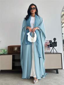 Abaya larga de estilo de Oriente Medio, suelta, de unicolor, con mangas de murciélago y pañuelo para la cabeza, primavera y otoño - Azul claro - Ver 4