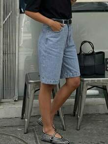 Celana Pendek Denim Longgar Selutut dengan Kaki Lebar, Kasual untuk Liburan Pantai Musim Panas - Light Wash - View 4