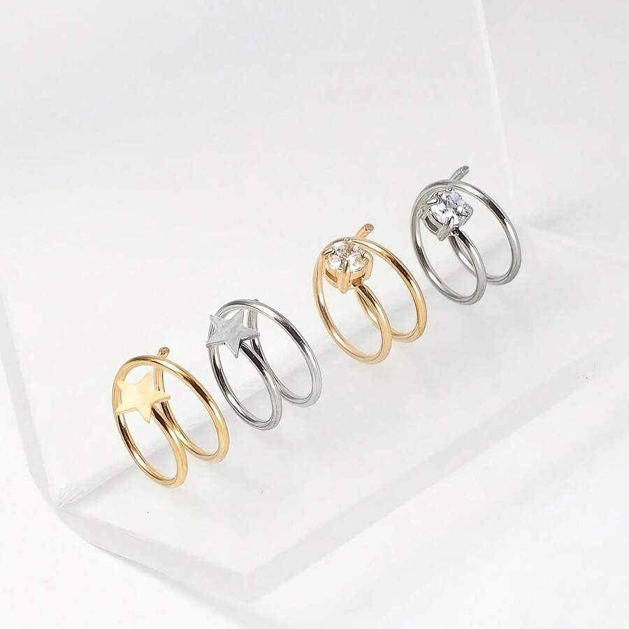 1pc S-Shaped Diamond Nose Stud, Star & Clear CZ Double Hoop Delicate Nostril Piercing Jewelry, 316L Hypoallergenic Stainless Steel Nose Ring, Suitable For Daily Wear - Nose Ring - View 1