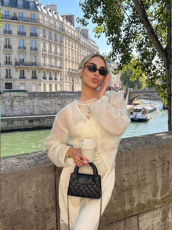 SEREN Coquette French Vintage Sheer Knit Cardigan Long Sleeve V Neck Relaxed Fit Mesh Button Front Thin Knit Coat Summer Date Street Casual Wear Ladie