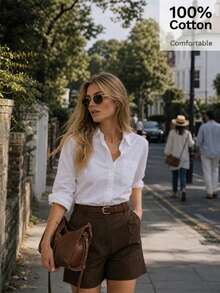 Camisa de manga larga para mujer, estilo abotonado con bolsillos, diseño clásico blanco - Blanco - Ver 2