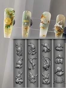 1pc Artistic Nail Art Mold, Chinese Style Osmanthus Jade Rabbit Moon Cake Mid-Autumn Festival 3D Carved Silicone Nail Mold For Press-On Nails - Clear - View 3