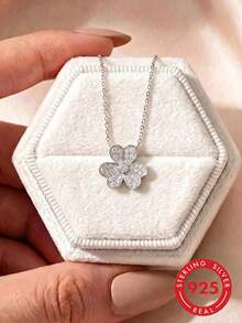 1pc Sterling Silver Minimalist Clover Pendant Necklace, Floral Cubic Zirconia Charm Clavicle Chain - Necklace - View 1