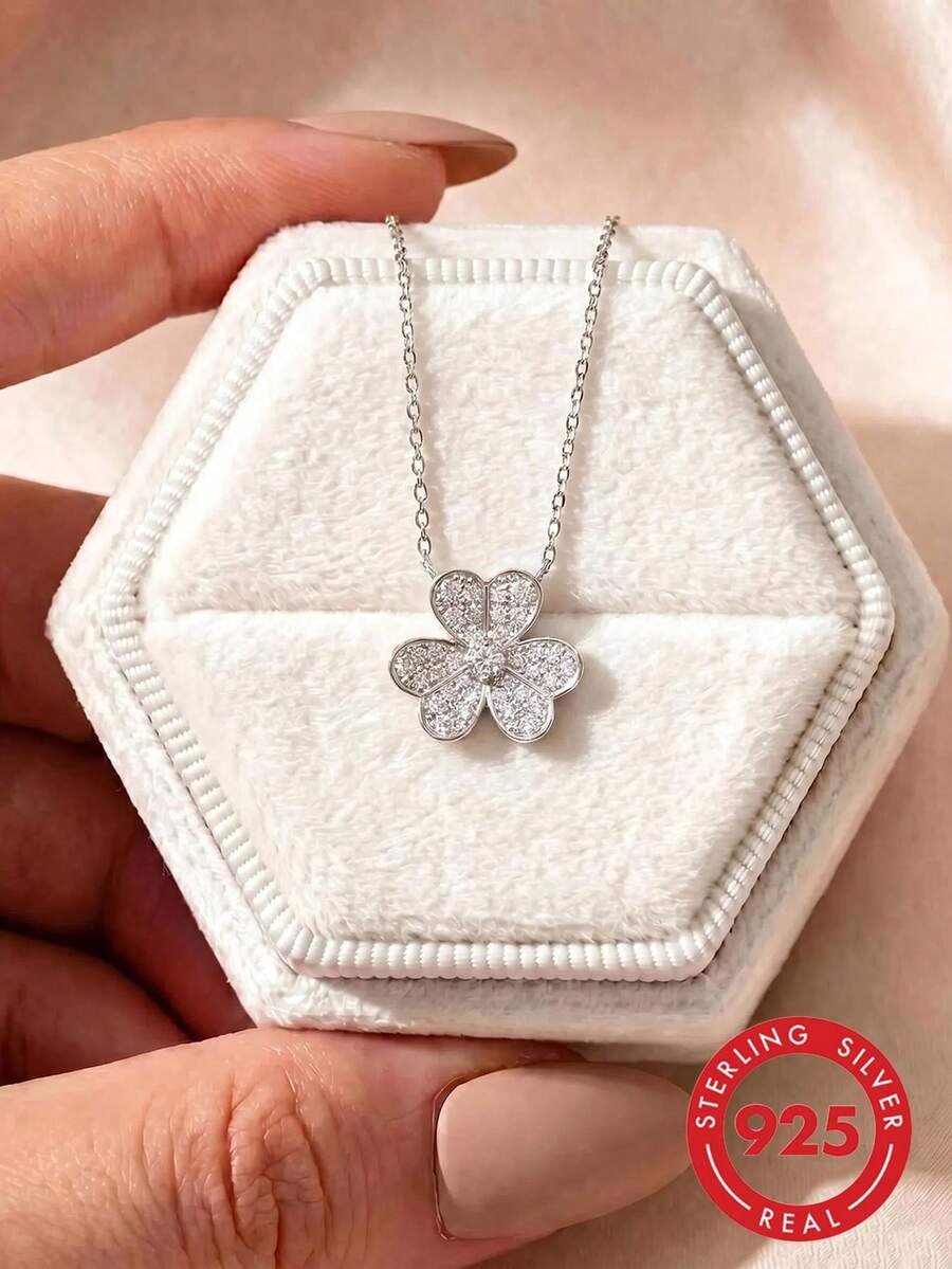 1pc Sterling Silver Minimalist Clover Pendant Necklace, Floral Cubic Zirconia Charm Clavicle Chain - Necklace - View 1