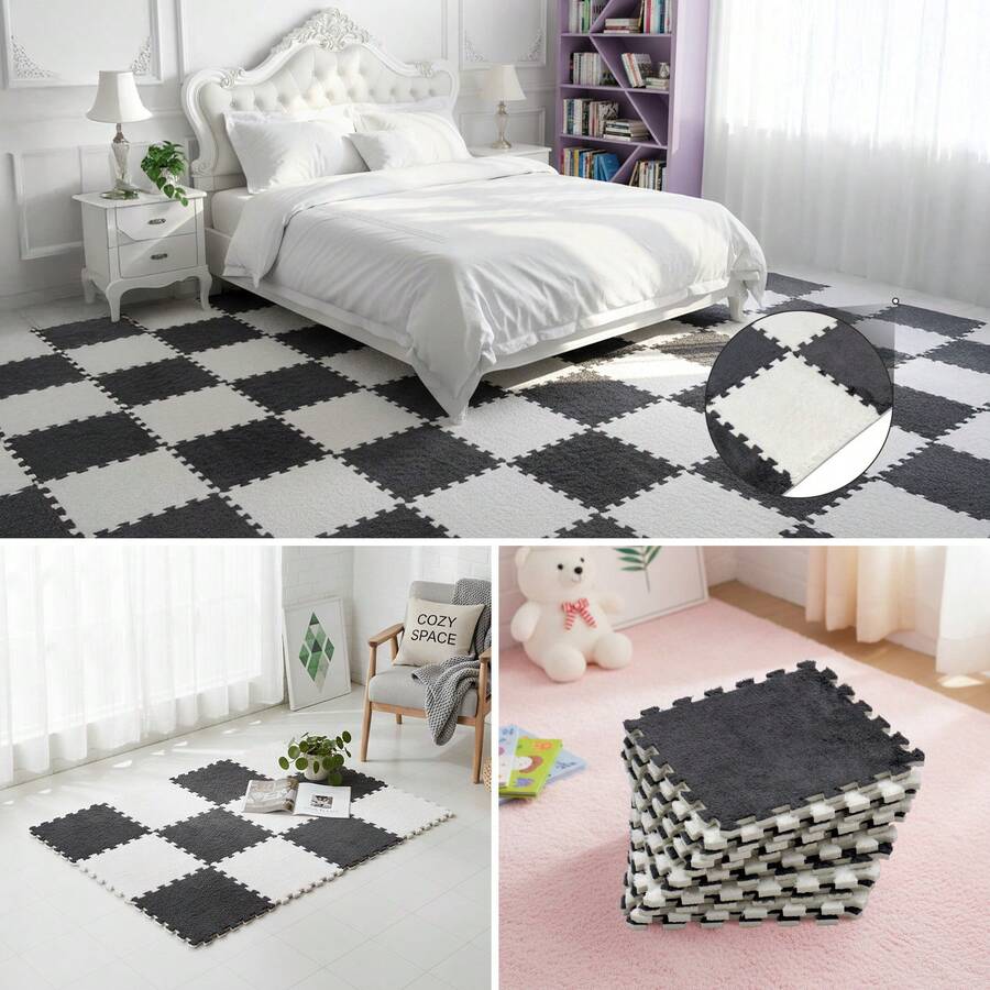 Plush Interlocking Foam Floor Tiles , Soft Puzzle Play Mats 30*30*1cm - Black + White - View 1