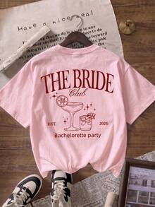 ZZG Es Trus 夏季女款「THE BRIDE Club」圖案印花街頭 Y2K 風格粉色圓領大尺碼短袖休閒 T-shirt 上衣 - 粉色 - 查看 4