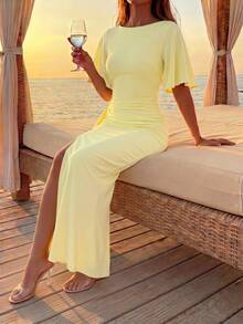 Round Neck Short Sleeve Ruched Waist Slim Fit Long Dress Elegant Formal Party Dress - Yellow - View 5