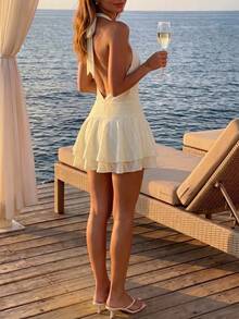 Butter Yellow Halter Mini Dress Women Pleated High Neck Smocked Waist Ruffle Vacation Beach Party Dress - Apricot - View 3