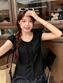 韓式新款甜美修身領結設計百搭顯瘦花瓣袖輕盈短袖女款夏季黑色襯衫上衣 - 黑色 - 查看 4