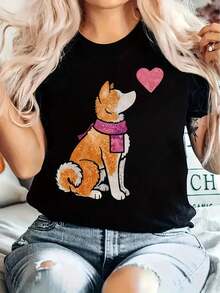 Damen-T-Shirt mit geometrischem Vintage-Print – Lässiger Rundhalsausschnitt, Kurzarm-Oberteil, maschinenwaschbares Polyester, T-Shirts für Männer und Frauen, Kleidung T-Shirts für Männer und Frauen - Schwarz - Übersicht 1