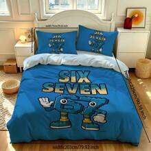 Six Seven Blue 3件組床上用品套裝，6&7印花：1件被套 + 2件枕套（不含填充物），高清晰染色，100%聚酯纖維，柔軟，拉鍊封口，可水洗，適用於居家、旅行、宿舍 - 6770+SJT+C - 查看 15