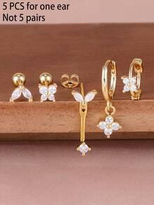 5PCS Crystal Flower Butterfly Stud Earring Set Women Fashion Swing Pendant Earring Cartilage Tragus Helix Lobe Piercing Jeweley - 1 Gold - 5 PCS - View 6