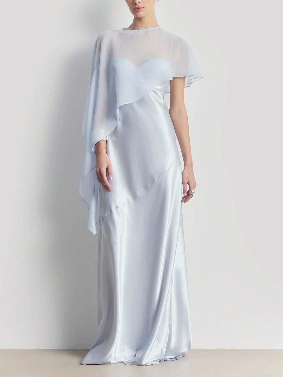 Women Chiffon Shawl Cape Mesh Sheer Poncho Top Capelets For Evening Dress Shawl Wraps Cover Up Wedding Party - 淺藍色 - 查看 1