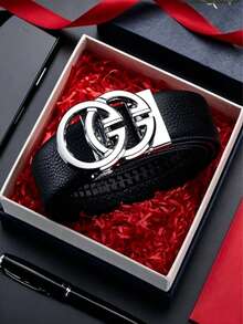 1pc Men's Luxury Automatic Buckle Lychee Texture Design Leather Belt, Fashion Business Casual Waist Belt, Jeans Outfit, Adjustable Men's Formal Gift | Premium Crocodile Embossed Leather Belt, Automatic Buckle, Fashionable Durable, Comfortable Daily Commute Work Party Belt | Automatic Buckle, Adjustable, Business Casual, Men's Gift - Multicolor - View 2