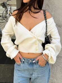 Just Masa Women's Fall Casual Button Up V Neck Sweater Pullover,Solid Color Bishop Sleeve Sexy Tight Hem Rib-Knit Top,For Date,Daily Wear,Going Out - White - View 8