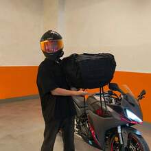 Motorcycle Travel Luggage Bag: Windproof & Waterproof Rear Rack Bag, Black, Universal Motorcycle Tail Bag, Night Reflective Strip Design, Motorcycle Tail Bag Accessories, 22-34L Expandable Motorcycle Rear Seat Bag, With Waterproof & Rainproof Cover, Outdoor Sports Motorcycle Luggage Storage Backpack Handbag, With Shoulder Strap, Pockets And Elastic Rope, Black Sports Bag, Suitable For Sports, Fitness, Exercise, Large Capacity Travel Bag - Multicolor - View 3
