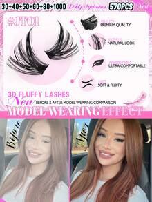 GROINNEYA 570pcs D Curl Large Capacity Portable Lash Book, 30D+40D+50D+60D+80D+100D Lash Clusters, 8-16mm Mixed Length 3D Single Cluster Lash Extension Set, DIY Lash Extension, Create Natural Eye Makeup, Beginner Friendly, Tail Elongated Eyelashes, Suitable For Daily And Date, Party - D - View 3
