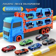 Vehículo de transporte de pista de eyección transformable extra grande, camión de carga de almacenamiento de doble capa con 2 coches de aleación, pista de carreras de eyección de un clic, juego interactivo para padres e hijos en interiores y exteriores, regalo perfecto para el Día del Niño y cumpleaños - Multicolor - Ver 3