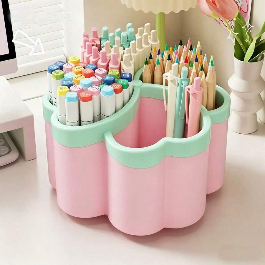 1pc Desktop Pen Holder, PP Makeup Storage Box, Desktop Organizer, Clover 4-Compartment Storage Design - Suitable For Office, School, Home, Desk - Ideal Choice For Small Spaces And Home School Supplies - One Size Fits All - View 1
