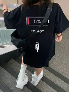 女款春夏圓領寬鬆休閒百搭簡約字母卡通短袖T恤大尺碼上衣 - 黑色 - 查看 2