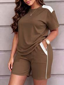 Spring Summer Autumn Women's Casual Round Neck Short Sleeve Top And Shorts Set, With Pockets, Slightly Elastic Fabric Elegant - Brown 89 + White - View 2