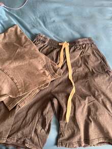 Men's 2PCS Vintage Wash Solid Color T-Shirt&Denim Shorts Set,Oversized Streetwear Casual Summer Co Ord Outfit,90s Retro Casual Loungewear,Mens Clothes - Coffee Brown - View 5