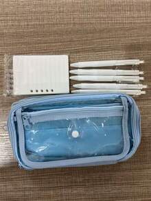 7件裝透明布料純色鈕扣鉛筆袋，超大容量多層文具收納盒，多功能桌面鉛筆架，可收納計算機、筆記本和筆，適合學校、辦公室和旅行，開學季首選，適合專業人士、男孩和女孩，學校文具收納盒，多功能收納盒，安全拉鍊封口 - 彩色 - 查看 11