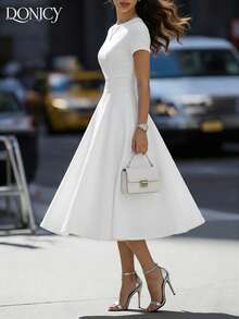 DONICY Women's White Textured Belted Midi Dress Spring Summer Fashion Elegant Wedding Guest Date Going Out Daily Casual Party Outfit - White - View 7