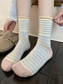 4 Pares de Meias Listradas Mistas com Borda Enrolada até a Panturrilha para Mulheres, Meias Slouch Respiráveis e Versáteis, Primavera/Verão - Multicolorido - Visão 5