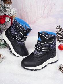 Kids Winter Thermal Lined Snow Boots Boys, Double Hook & Loop Anti-Slip Thick Sole Mid-Calf Warm Snow Boots - Black - View 2