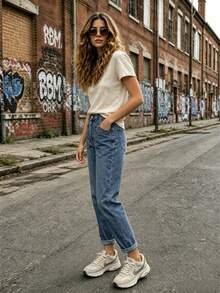 Women's High-Waisted Double-Button Cargo Jeans, 2026 New Style, Plus-Size, Slimming, Hip-Concealing, Loose Straight Leg Wide-Leg Jeans, - Blue - View 3