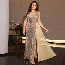 XUIBOL Plus-Size Sequined Vest Dress With A Train, Satin Flared Skirt, Elegant And Luxurious Evening Gown Formal Parties And Other Occasions. - Champagne - View 9